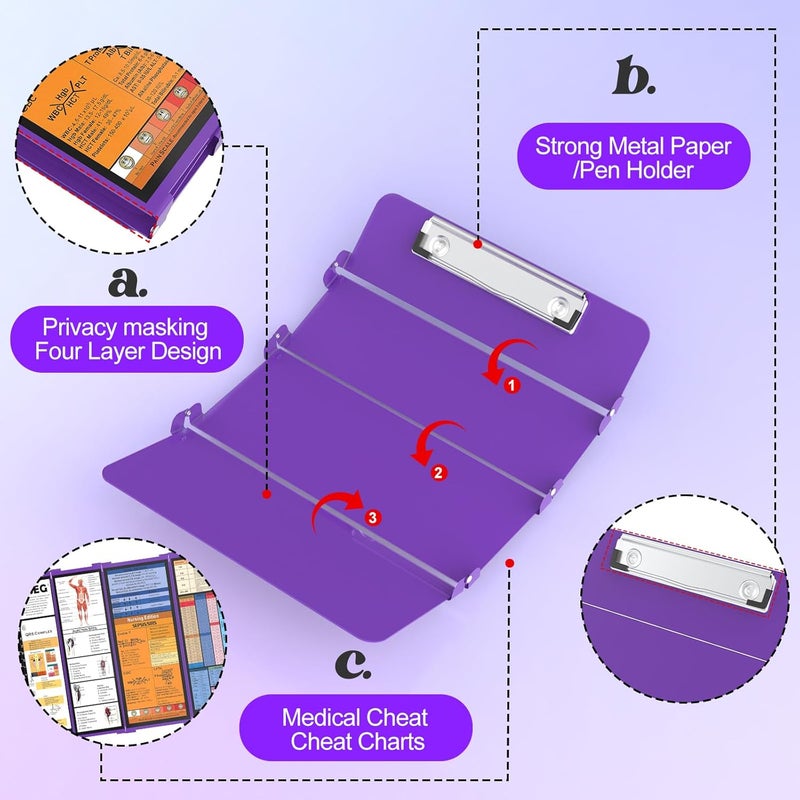 NECEG Nursing Clipboard Foldable-4 Layers Aluminum Nurse Foldable Clipboard Nursing Medical Edition Cheat Sheets, Pocket Size Pen Clip for Nurses Students School and Doctors-Purple Christmas Gifts Idea - Image 4
